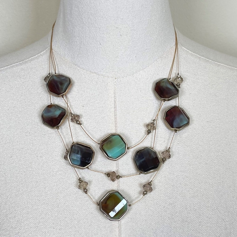 Chicos Necklace Layered Multi Strand Brown Green Geometric Hexagon Stone Boho